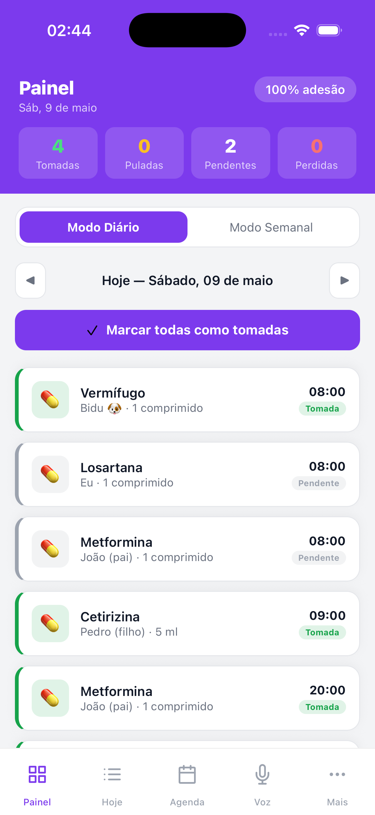 Tela do painel do app Lembrix